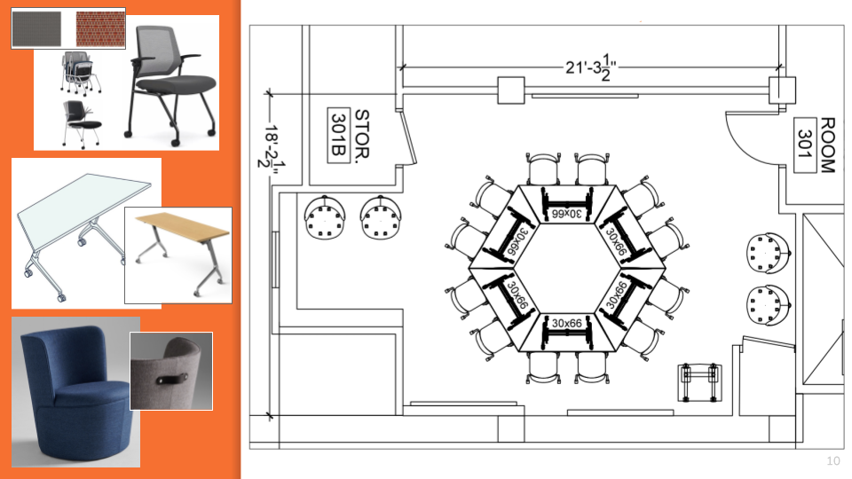 Photo of TRC furnishings; trapezoidal tables arranged in circular formation